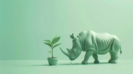 Naklejka premium A thought-provoking rendition of a rhino standing next to a sprouting plant in a minimalistic style