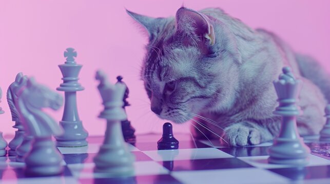 A visually arresting image of a large cat intently studying chess pieces on a colorful board