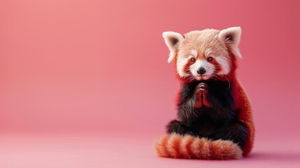 Cute red panda figurine sitting with crossed paws, giving a thoughtful, contemplative expression - obrazy, fototapety, plakaty