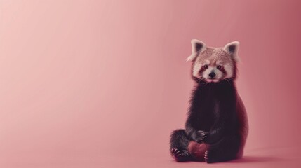 An adorable red panda looks curiously at the camera, sitting isolated on a vivid pink backdrop, evoking warmth and wonder