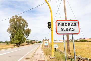 town entry sign at Piedras Albas, province of Caceres, comarca of Alcantara, Extremadura, Spain - 746124931