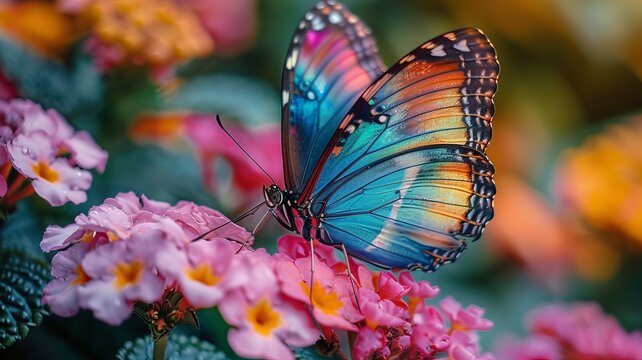 A colorful butterfly perched on a freshly bloomed flower