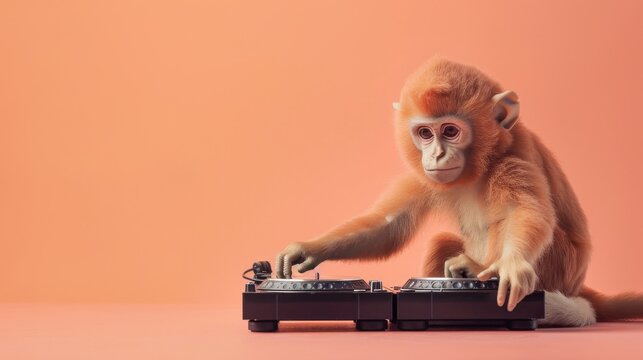 A perplexed orange monkey appears focused while typing on an old-fashioned black typewriter against an orange backdrop