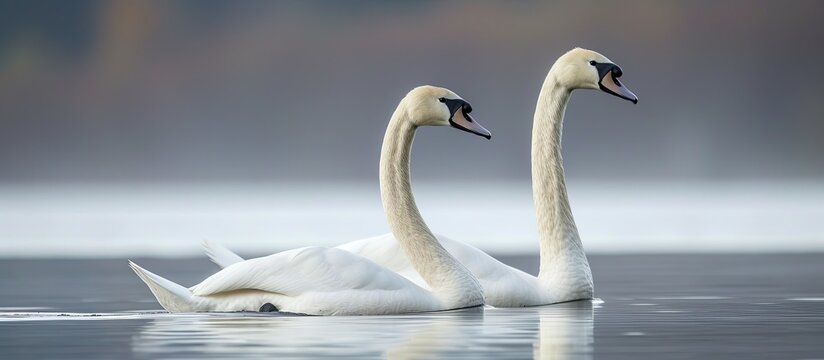 A couple of white swans gracefully swim atop the calm surface of a lake.