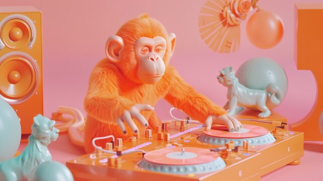 A funky image of a bright orange monkey DJing on a vibrant turntable set amid playful colorful surroundings