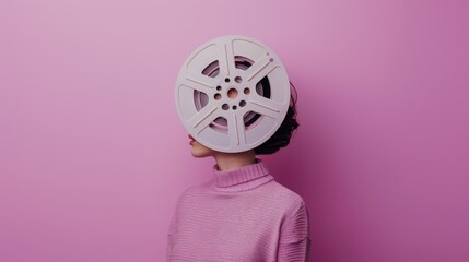 A person with a vintage film reel for a head evokes creativity and nostalgia in front of a pink background