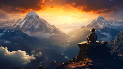 Wall murals Himalayas a man on top of the highest mountain looking down at the ground