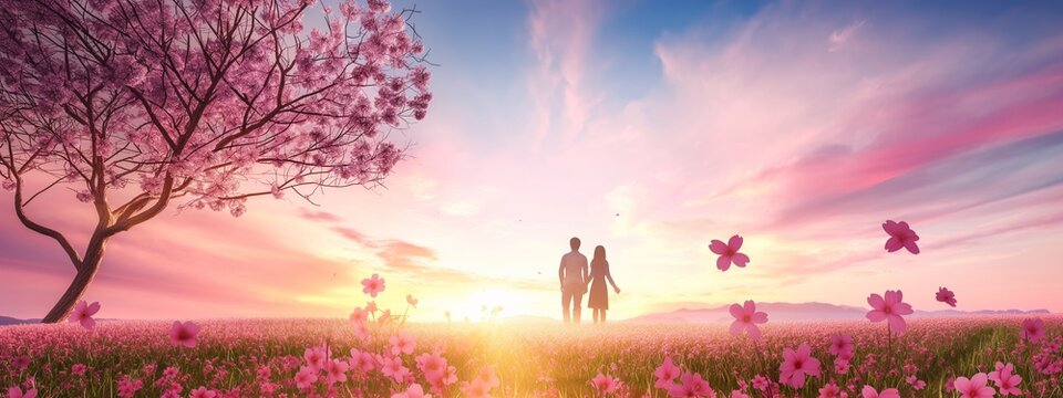 A couple of people in love under a pink tree of love, pink background, Valentine's day © Yana