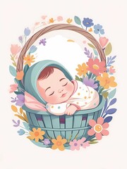 Charming illustrations depicting infants peacefully slumbering in baskets surrounded by vibrant floral arrangements. 