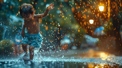 Childhood wonder in rain, playful toddler in puddles, magical evening with sparkling raindrops.