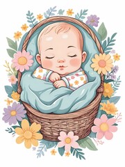 Charming illustrations depicting infants peacefully slumbering in baskets surrounded by vibrant floral arrangements. 
