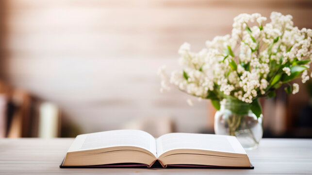 Soft light bathes an open book, accompanied by the fresh purity of white flowers, crafting a narrative of peace and new beginnings. The harmonious composition speaks to moments of quiet reflection.