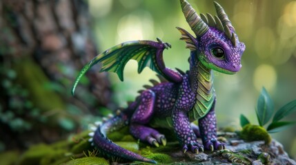 Fantasy purple dragon figurine in natural setting. Mystical dragon toy with detailed scales and wings. Enchanted forest dragon sculpture in vibrant colors.