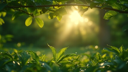 Fototapeta na wymiar Vivid leaves with dew under sunbeams conveying freshness and growth. Sunlight filtering through fresh green leaves in spring morning. Dew on vibrant foliage with sun rays peeking through.