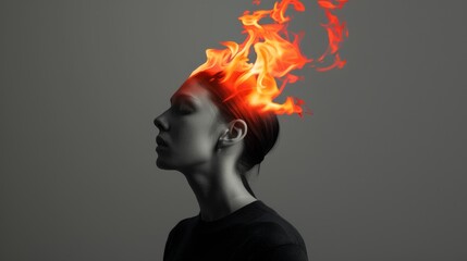 A woman's head is consumed by fierce flames, denoting overpowering thoughts or a passionate mind