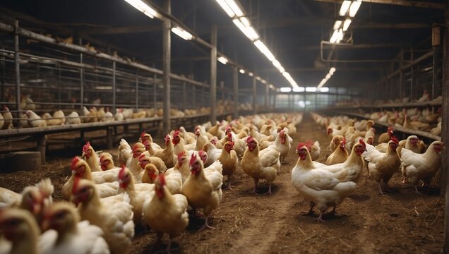 Chickens roam freely in vast, modern coop on a poultry farm. Flock thrives in spacious enclosure, embodying the essence of organic poultry farming, with ample room for natural movement and foraging