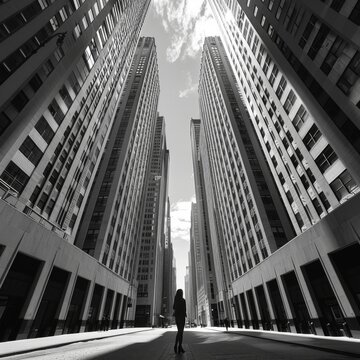 Fototapeta Monochromatic cityscape with towering skyscrapers and a solitary figure. Urban canyon of high-rise buildings in black and white. Silhouette of a person in the vastness of the city architecture.