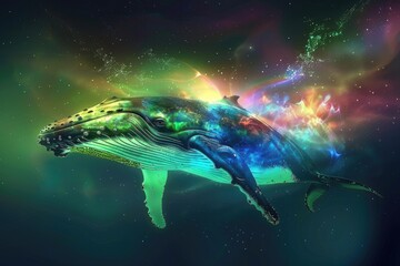 A majestic humpback whale superimposed with the ethereal glow of the Northern Lights in a double exposure - obrazy, fototapety, plakaty