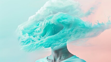 An ethereal figure with a head shaped like a breaking wave evokes tranquility and dreamlike fluidity - obrazy, fototapety, plakaty