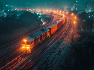 Twilight cargo train on curved tracks