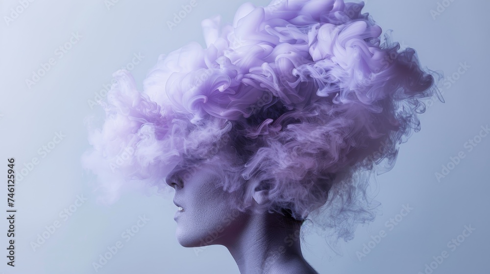 Poster a mysterious image featuring a person with a box on their head and purple smoke emanating from it in