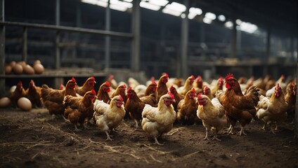 At bustling poultry facility, hens tirelessly produce eggs, enriching the farm's output. The lively atmosphere resonates with the rhythm of egg-laying, vital aspect of the operation. Poultry farming - obrazy, fototapety, plakaty