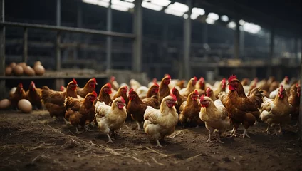Fotobehang At bustling poultry facility, hens tirelessly produce eggs, enriching the farm's output. The lively atmosphere resonates with the rhythm of egg-laying, vital aspect of the operation. Poultry farming © Inna