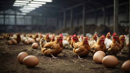 At the poultry farm, bustling hens diligently lay eggs daily, vibrant egg production. The coop teems with lively chickens, each playing a crucial role in sustaining the egg yield.  Freshly laid eggs - obrazy, fototapety, plakaty