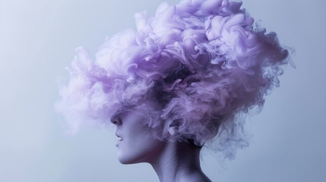 A mysterious image featuring a person with a box on their head and purple smoke emanating from it in a dreamy atmosphere