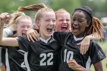 Group of young teenage female soccer players celebrating victory - obrazy, fototapety, plakaty