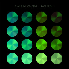 Set of green metal gradients, radial swatches collection. Different gradation design. Vector EPS10