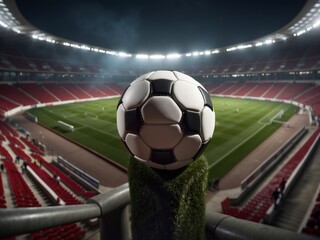Classic soccer ball overlooking an illuminated empty stadium from the stands at night