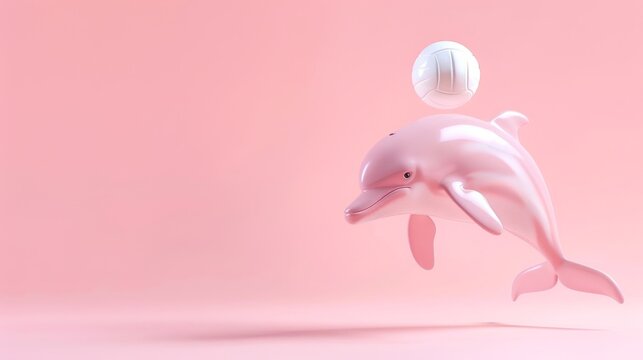 A playful pink dolphin gracefully leaps, contrasting with the simple, pastel-pink background, ready to hit a white volleyball