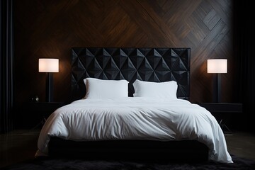 a bed with a white comforter and a black headboard
