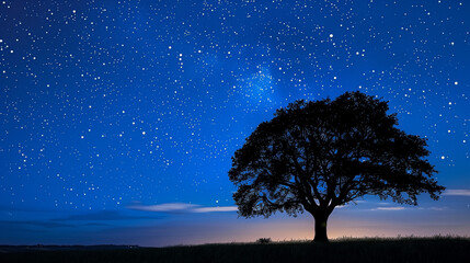 Fototapeta na wymiar A lone tree silhouetted against the twilight sky, with stars starting to appear