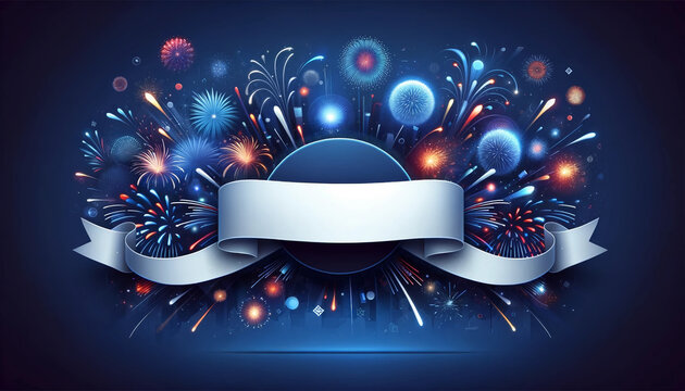 Dark blue background with red, white, and blue fireworks and fluid white banner area for text or image overlay.