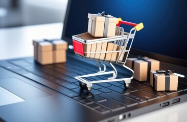  Online shopping concept. Shopping cart full of boxes on a laptop.