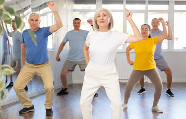 Cheerful elderly woman attending group choreography class, learning modern dynamic dances. Concept of active lifestyle of older generation.. - obrazy, fototapety, plakaty