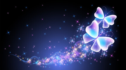 Magic butterflies with fantasy sparkle and blazing trail and glowing stars on bdark night background