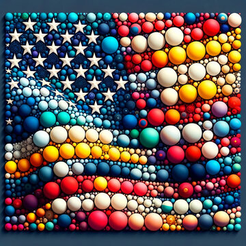 American flag with differing colored circles or dots that enhance the design. Flag image appears to be wave and position indicates movement. 