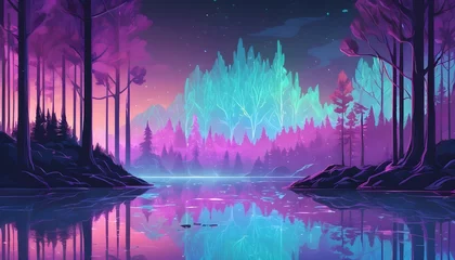  Holographic low-poly northen lake with forest landscape © Lied