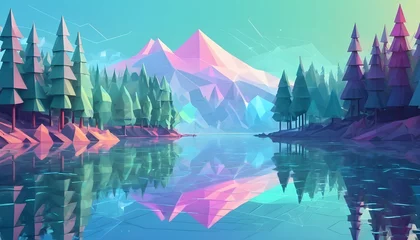 Tuinposter Koraalgroen Holographic low-poly northen lake with forest landscape