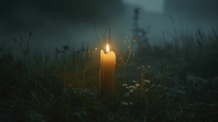 A candle flickers in the wind, its flame a defiant spark against the encroaching darkness. - obrazy, fototapety, plakaty