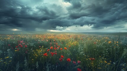 In a stormy sky, vibrant flowers stand out against the gloom, creating a striking contrast.