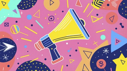 A flat design illustration of a megaphone surrounded by diverse symbols of communication, set against a retro pastel background, symbolizing the empowerment of voices.