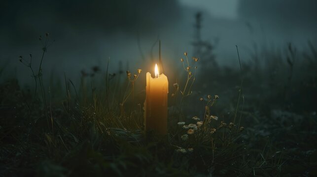 A candle flickers in the wind, its flame a defiant spark against the encroaching darkness.