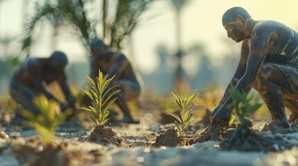 Ancient Egyptians planting trees mirrored by modern Nile afforestation against a hazy backdrop.
