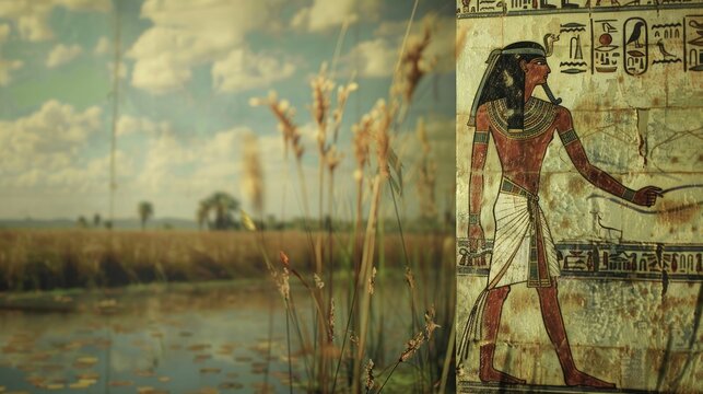 Geb, the Earth personified in a mural for soil conservation, amidst a blurred fertile landscape.