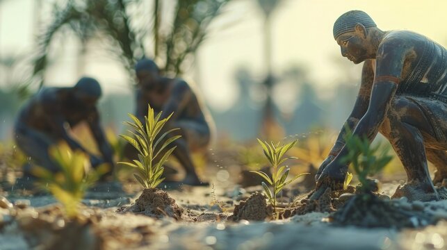Ancient Egyptians planting trees mirrored by modern Nile afforestation against a hazy backdrop.