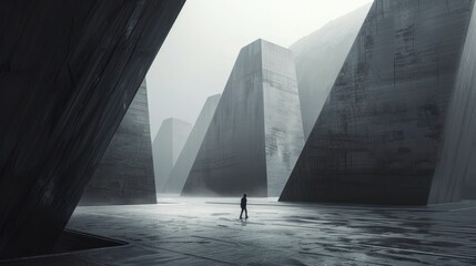 A tiny figure wandering amidst giant modern sculptures, their minimalistic designs highlighted against a tranquil, dark background. - obrazy, fototapety, plakaty